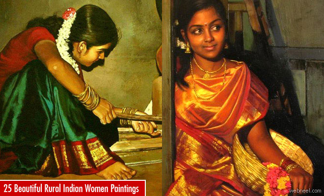 25 Beautiful Rural Indian Women Paintings by Tamilnadu artist ilayaraja